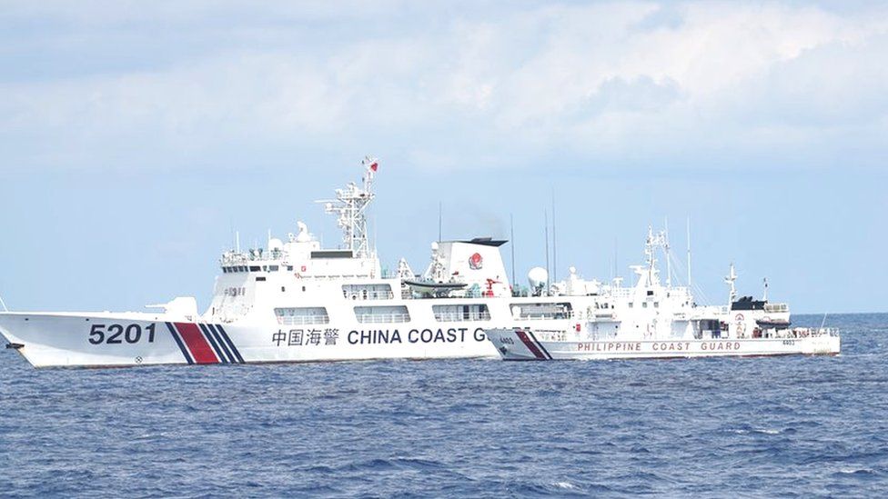 China coast guard ship blocks Philippine coast guard boat in the South China Sea
